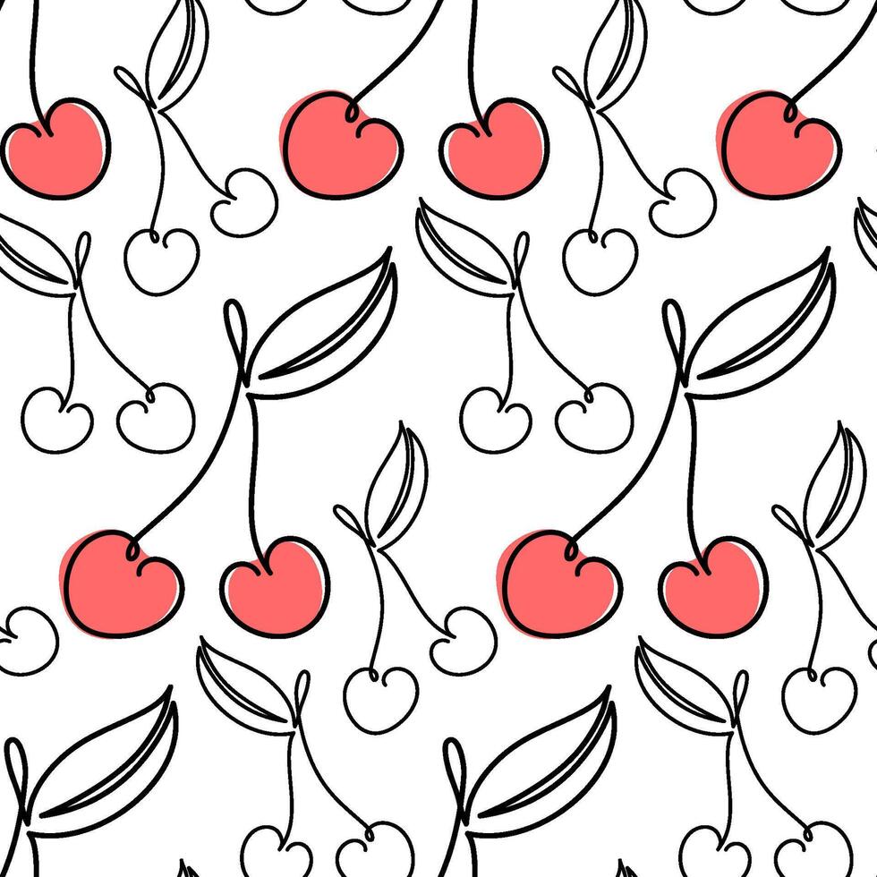 Seamless One-Line Cherry Pattern with Leaves with Red Accents on White Background vector