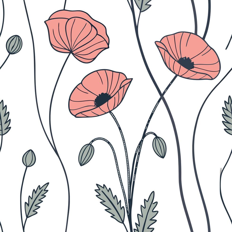 Botanical Garden Poppy Seamless Tile Pattern for Serene Spaces vector