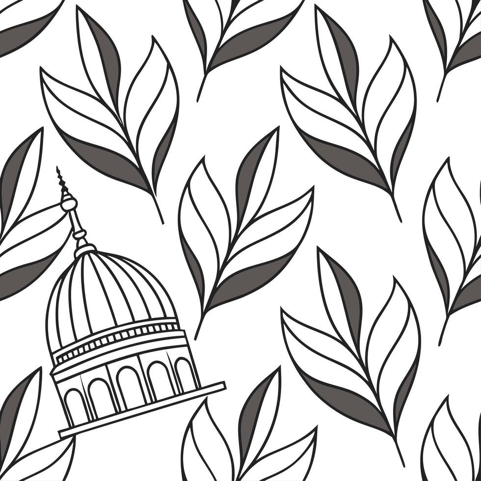 A black and white pattern with leaves and a dome vector