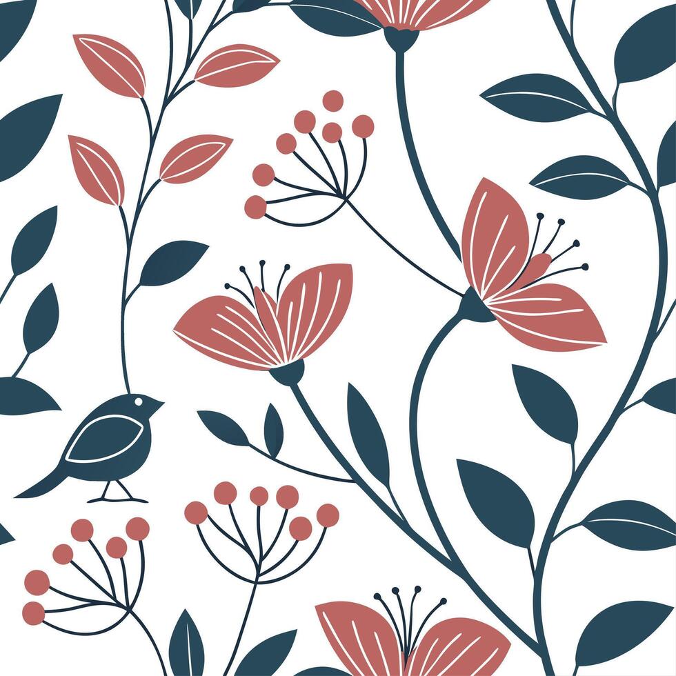 Seamless floral pattern with bird and flowers vector