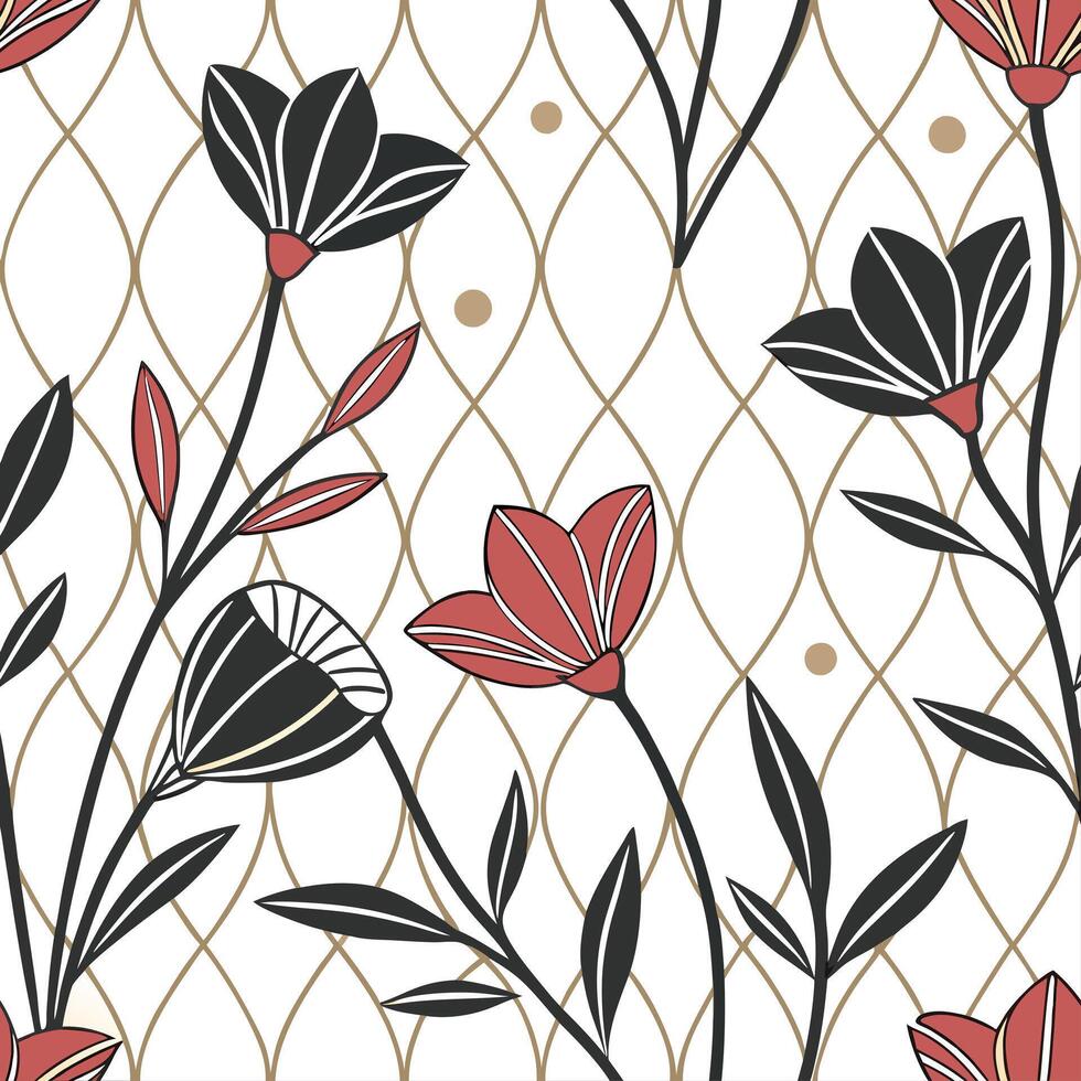 Art Deco Garden Flowers Tile Pattern Geometric Floral Design with Gold Accents vector