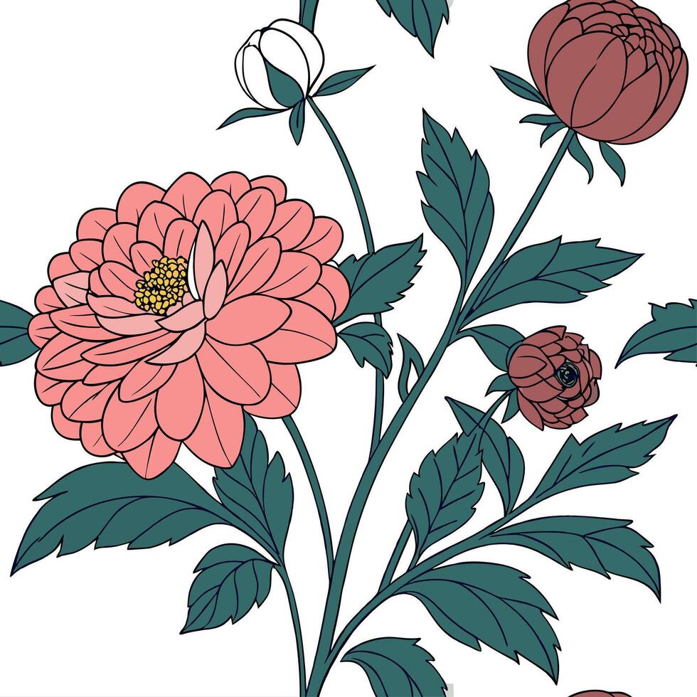 Vibrant Bohemian Garden Flowers Seamless Tile Pattern Eclectic Peonies Dahlias in Rich Colors for Creative Spaces vector