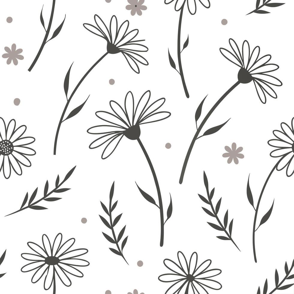 Seamless pattern with daisies and leaves on white background vector