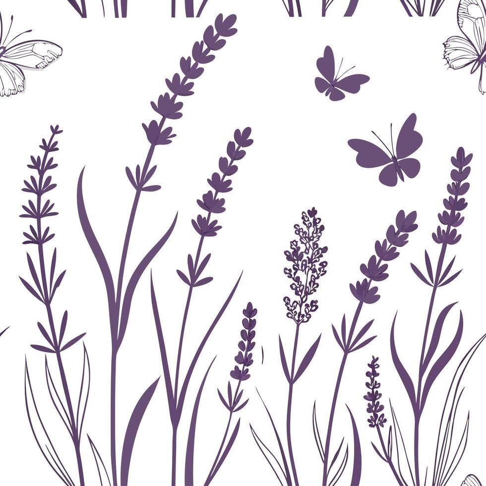 Seamless lavender flowers and butterflies vector