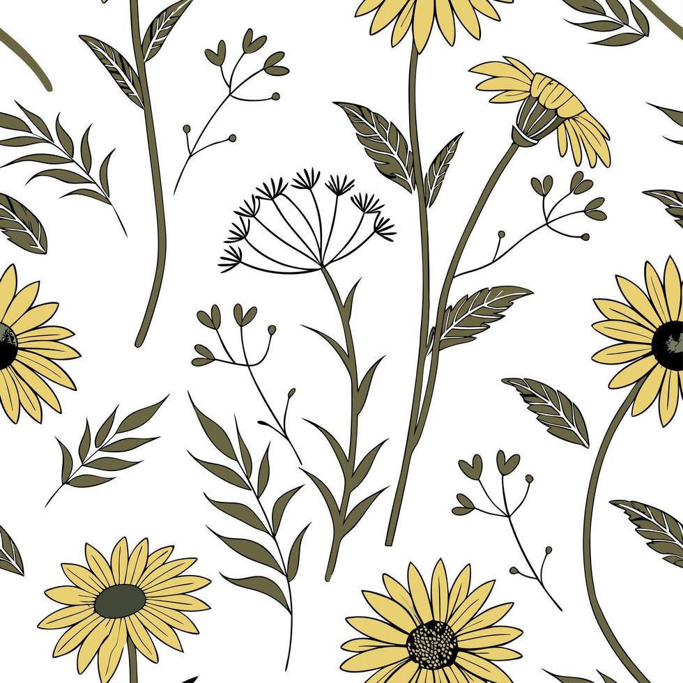 A pattern with yellow and black flowers on a white background vector
