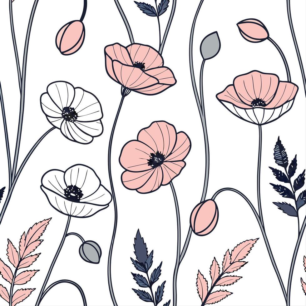 Seamless pattern with poppies and leaves vector