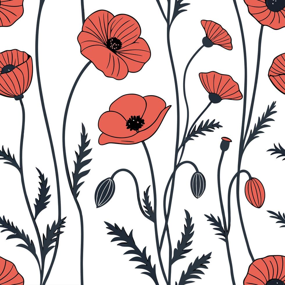 Poppy flowers seamless pattern vector