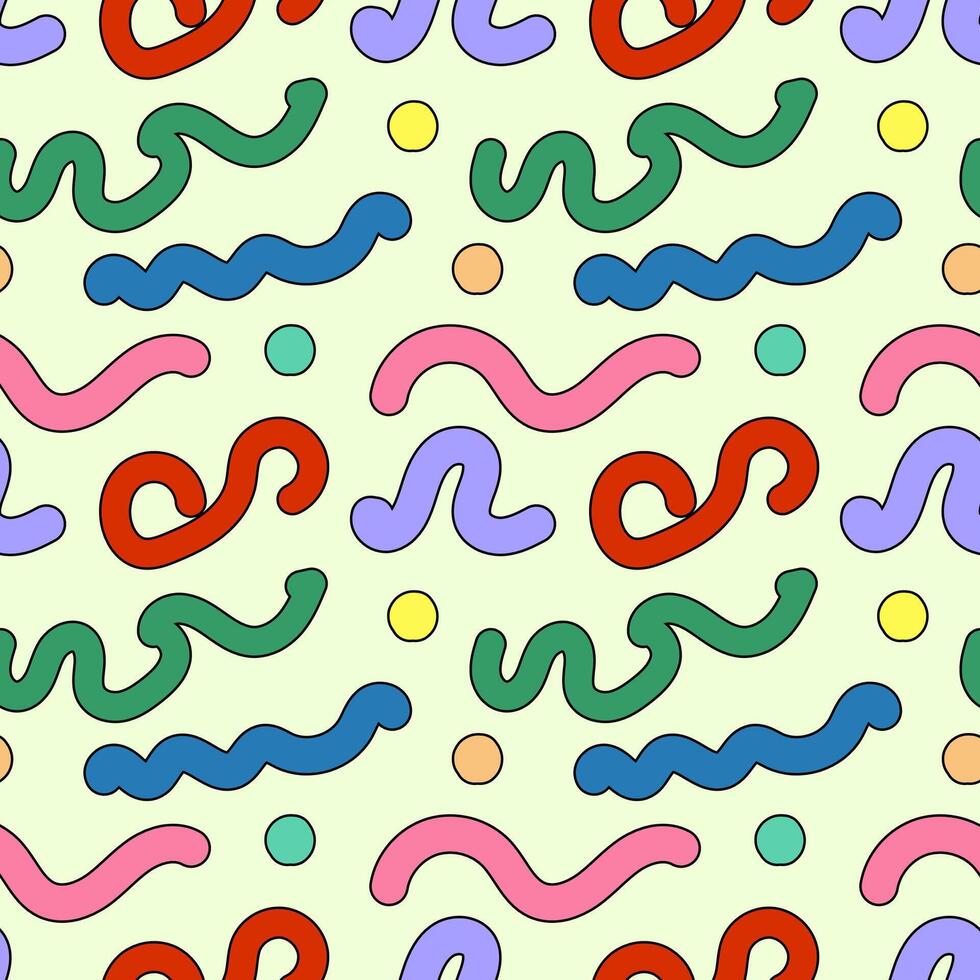 Vibrant seamless pattern with multicolored wavy lines and dots on a light background. vector