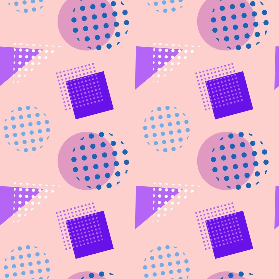 Pastel seamless pattern with circles, squares, and triangles in purple and blue on a soft pink background. vector