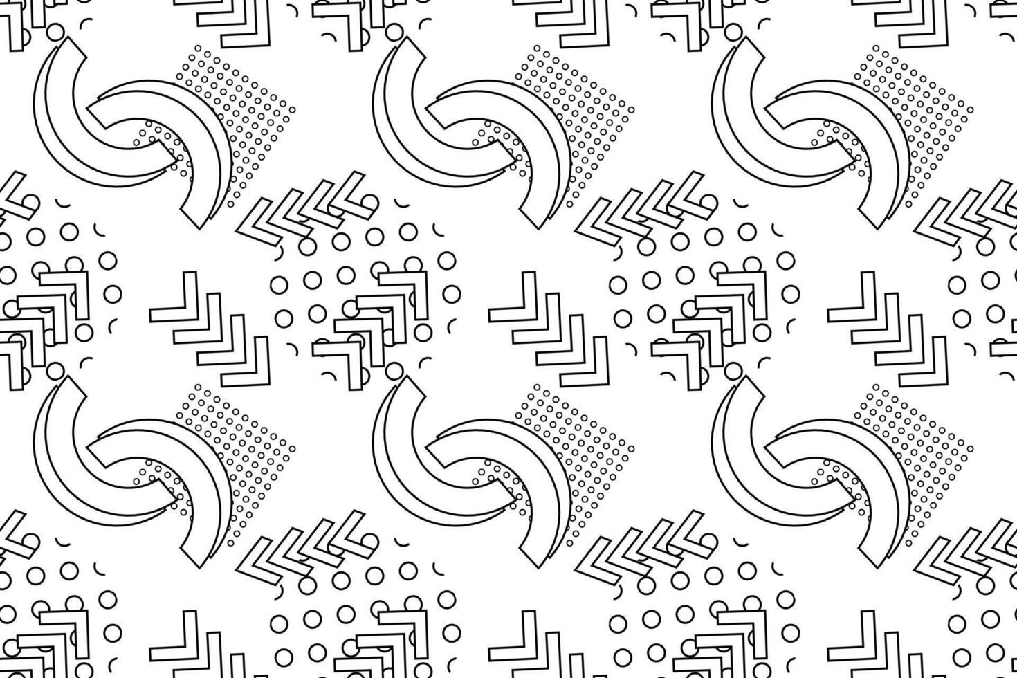 Monochrome seamless abstract geometric pattern with curved lines, dots, and chevrons, ideal for coloring. vector