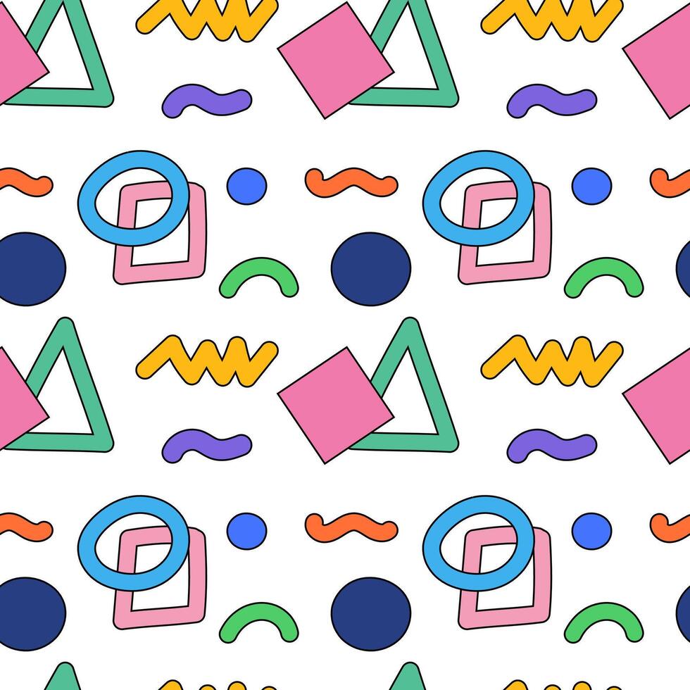 Vibrant and playful seamless pattern featuring abstract geometric shapes like triangles, circles, and squiggles. vector