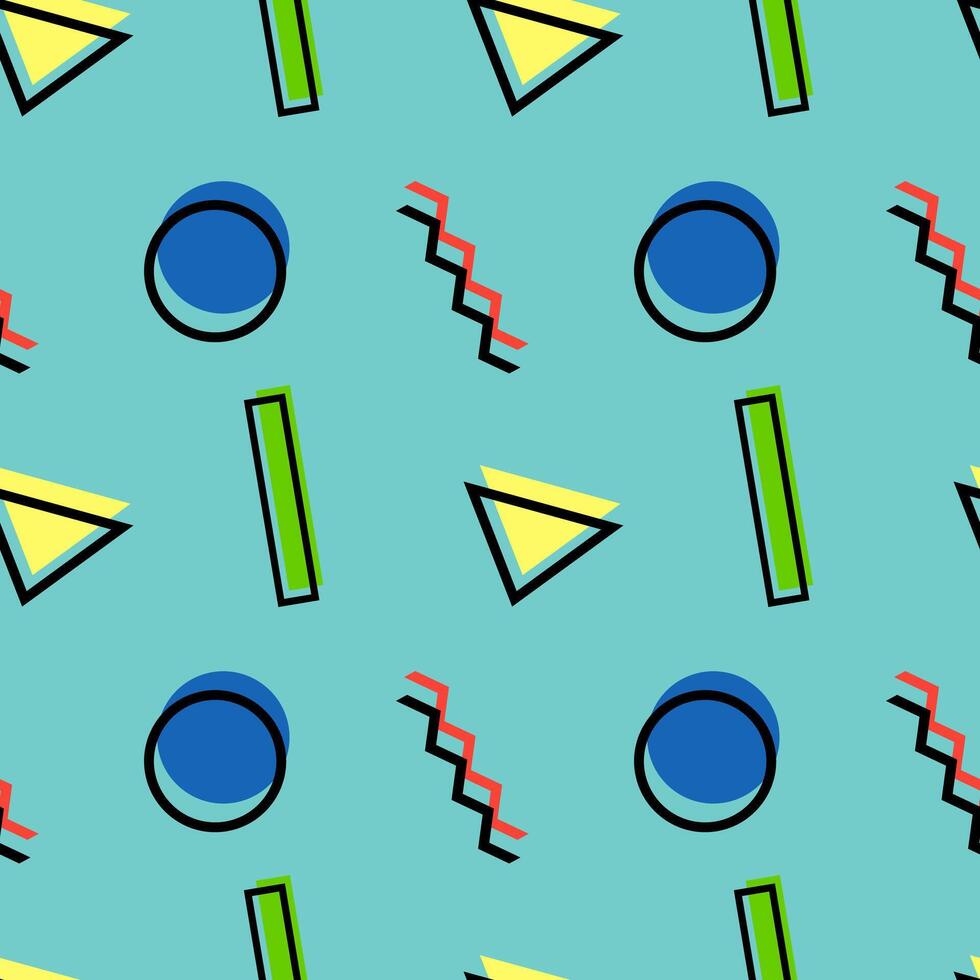 Bold seamless pattern with circles, triangles, rectangles, and zigzags in vibrant colors on teal. vector