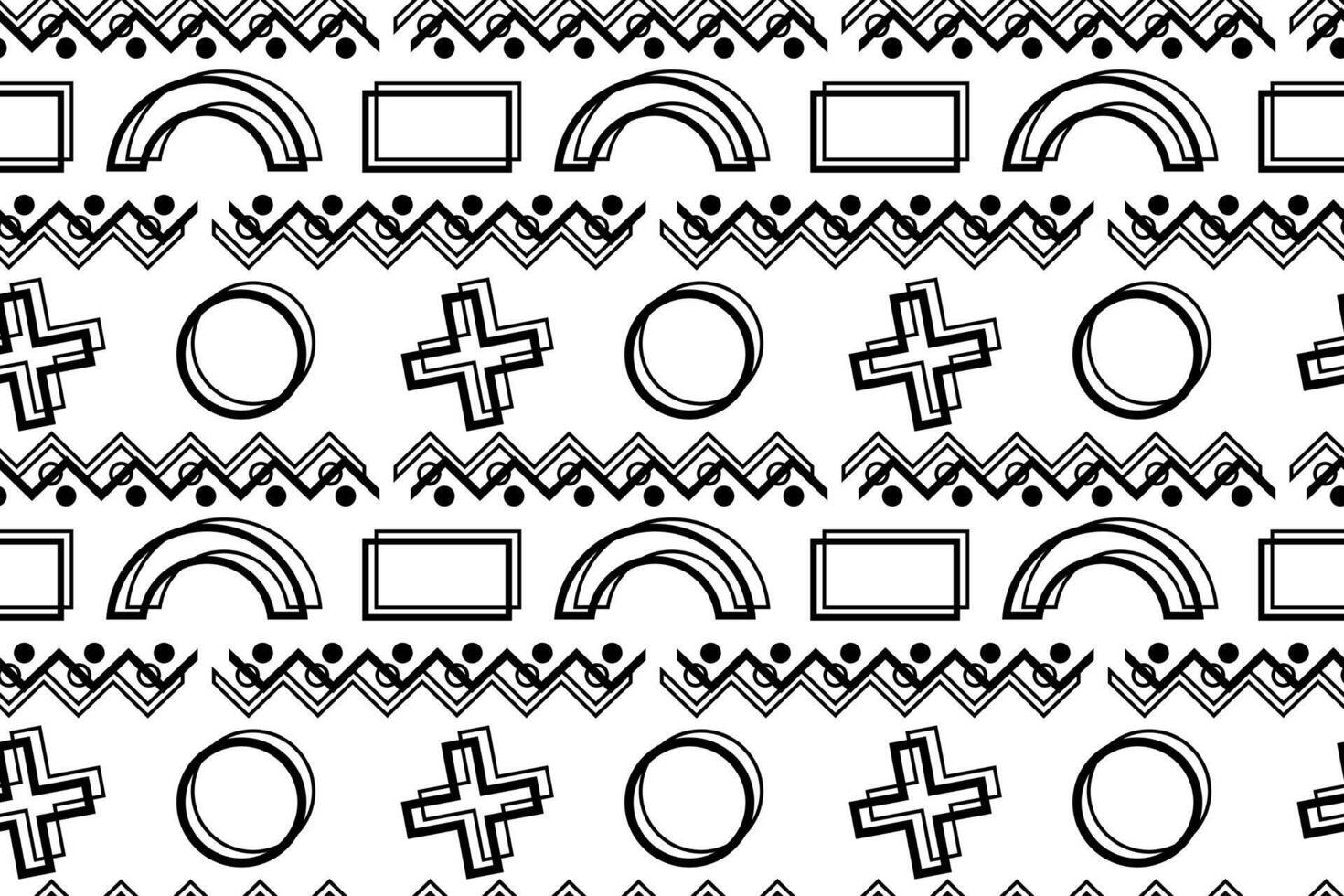 Seamless black and white pattern with crosses, circles, arches, zigzags, and dots, perfect for creative coloring. vector