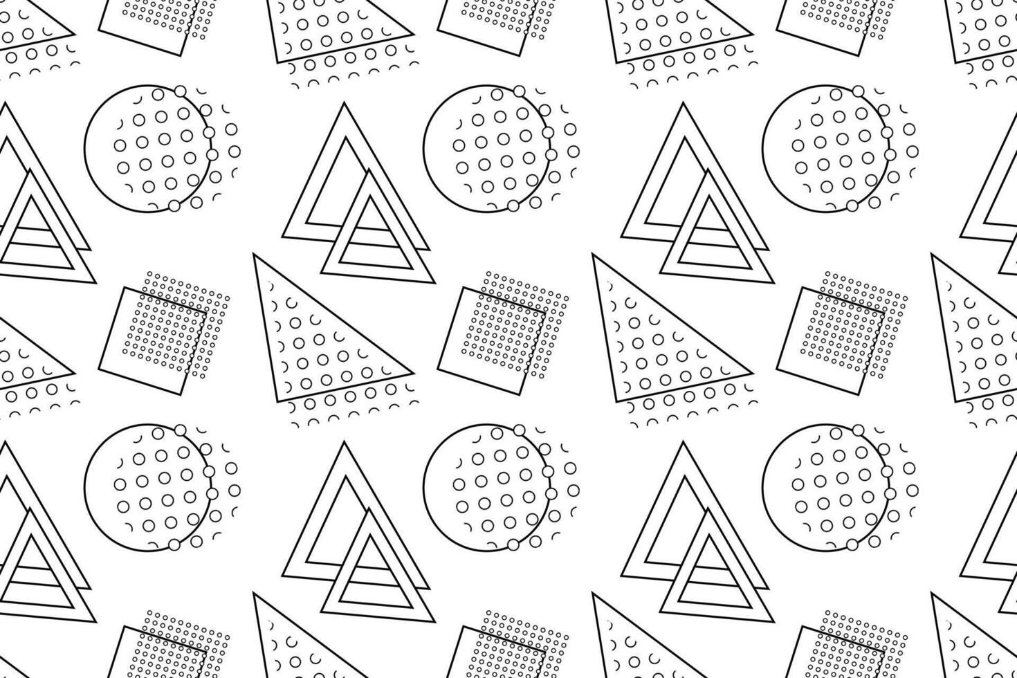 Seamless black and white pattern featuring abstract geometric shapes with dots and lines, perfect for coloring. vector