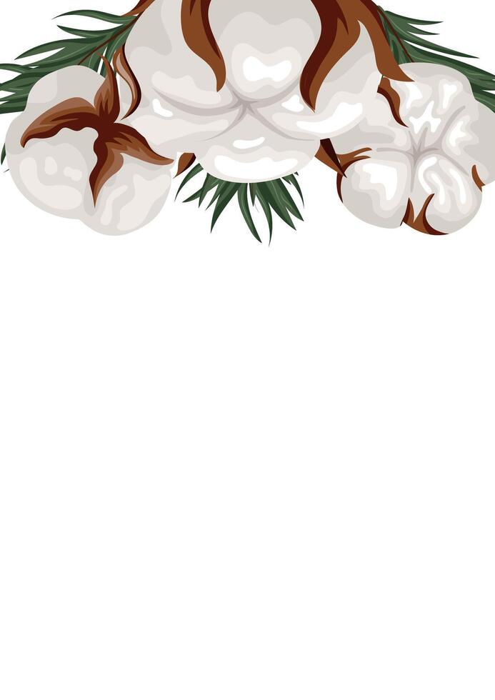 template for an invitation or greeting card for the holidays with a plant design, namely various buds of cotton flowers that are located on top vector