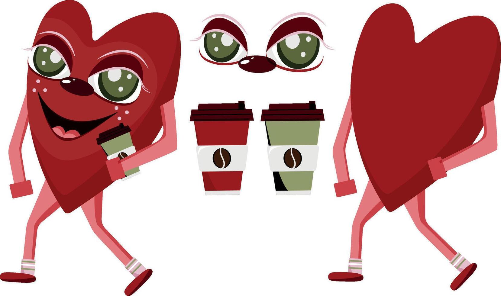 character for St. Valentine's Day, namely a red heart with a cup of coffee and elements suitable for this character vector