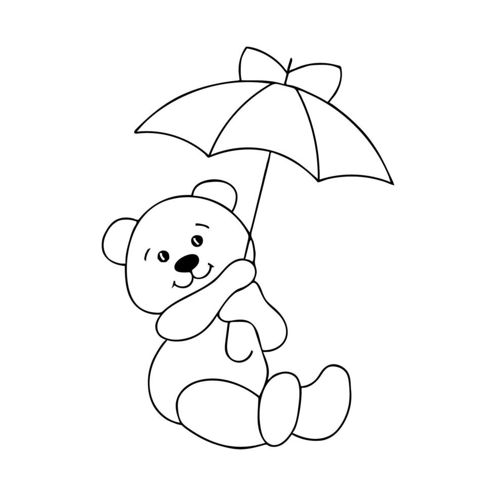 a coloring page with a teddy bear holding an umbrella vector