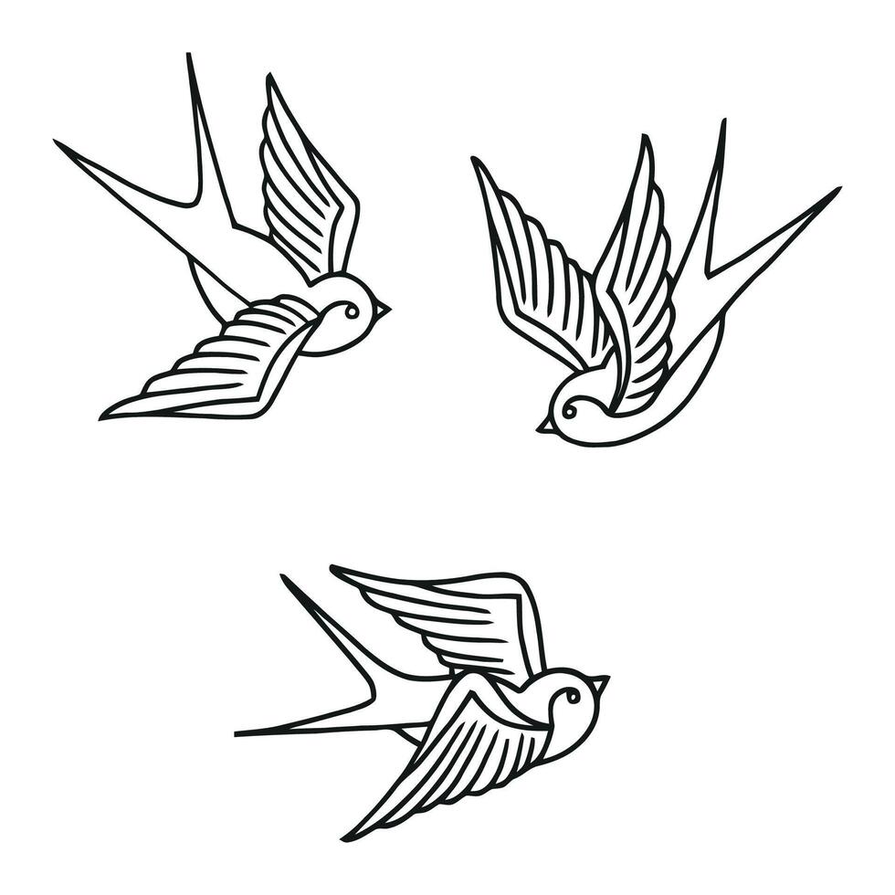 three black and white drawings of swallows vector