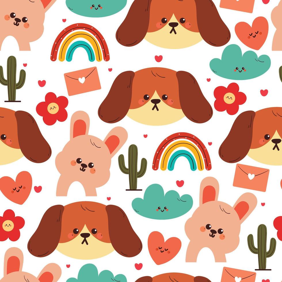 seamless pattern cute cartoon puppy and bunny with sky element and plant. cute animal drawing for wallpaper, pattern, background vector