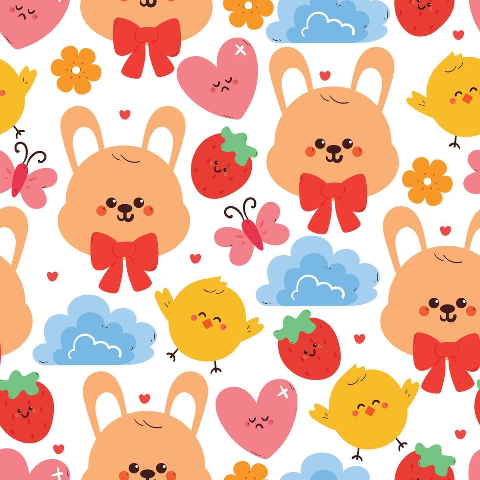 seamless pattern cute cartoon bunny and chick with sky element and butterfly. cute animal drawing for wallpaper, pattern, background vector