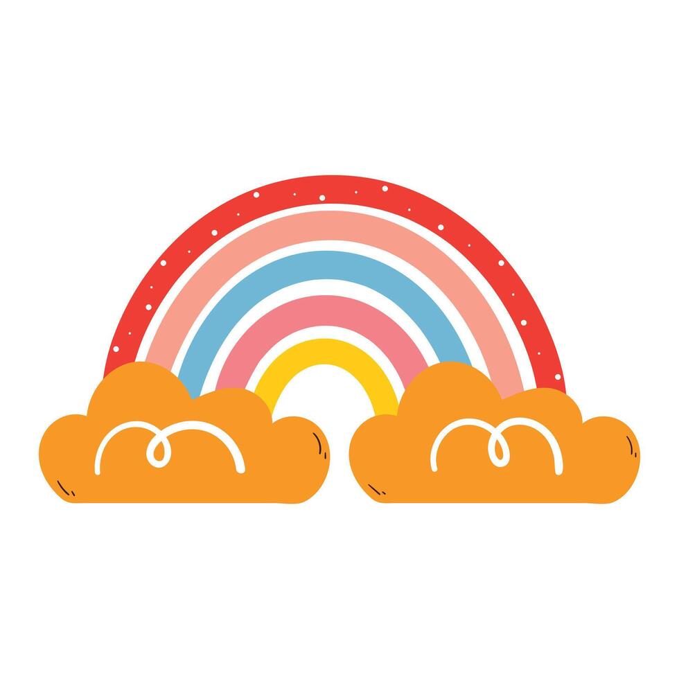 cute hand drawing cartoon boho rainbow with orange clouds. cute sky element sticker vector