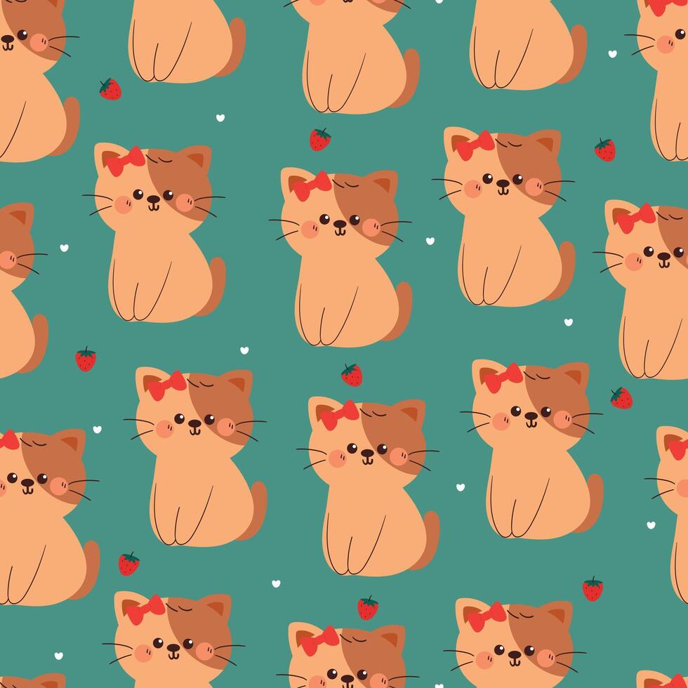 seamless pattern cute cartoon cat with strawberry. cute animal pattern for wallpaper, background and gift wrap paper vector