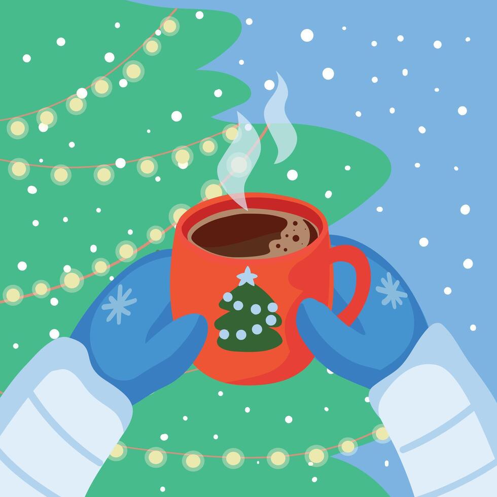 Mittened hands hold a cup with a hot drink, coffee or chocolate on the background of a Christmas tree. Winter weather, snow vector