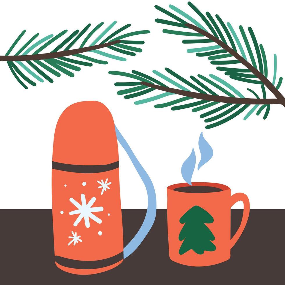 Winter drinks, with a cup of hot chocolate, coffee, thermos. A cute mug of cocoa, tea, latte and fir branches. Items for making winter warm drinks. Hand-drawn illustration vector