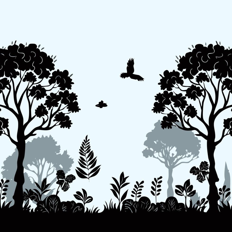 Nature background with silhouettes of trees and plants. illustration. vector