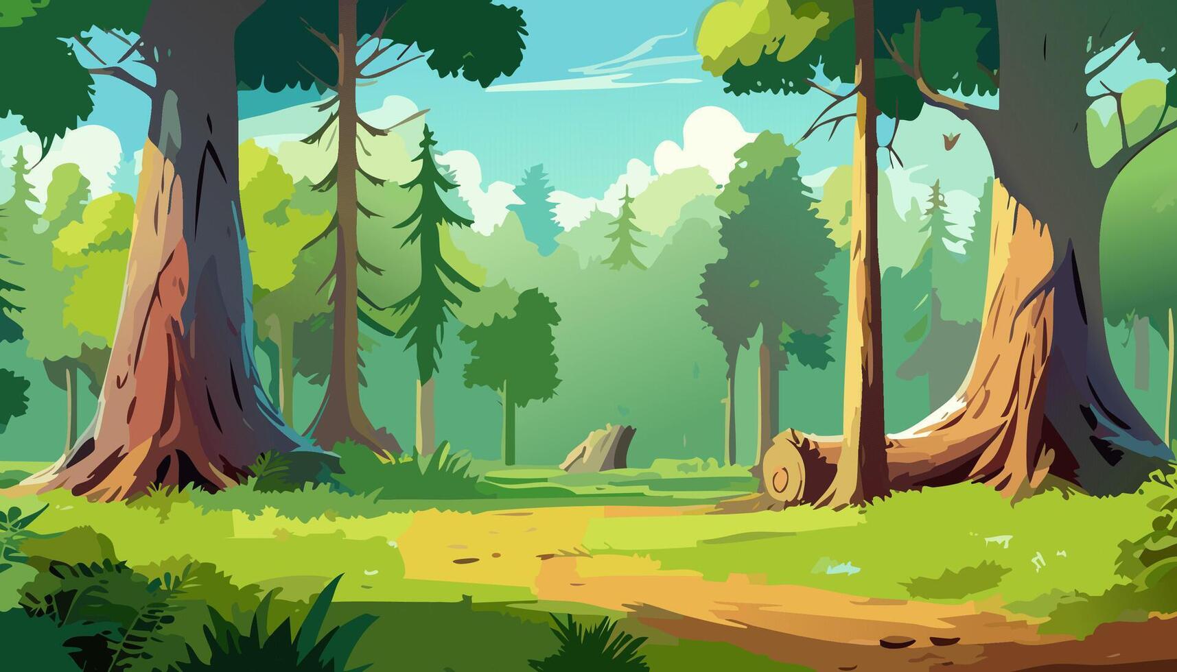 Forest landscape background with trees and grass. illustration in cartoon style vector