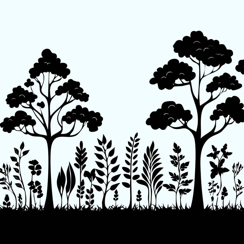Black silhouettes of trees and plants on a light blue background. vector