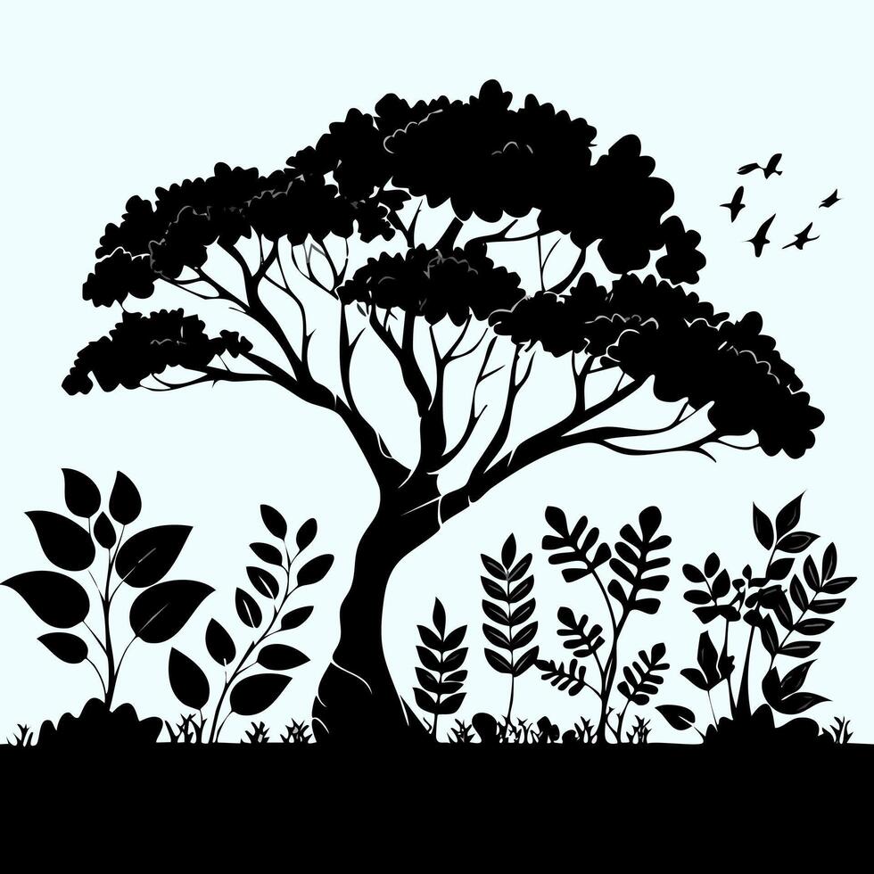 tree silhouette isolated on blue background. Nature illustration. vector