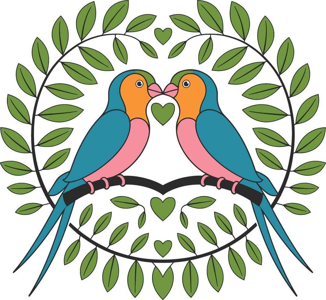 Love Birds Surrounded by Heart-Shaped Wreath of Green Leaves vector