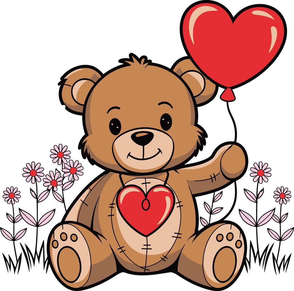 Adorable Teddy Bear Holding Red Heart Balloon in Flower Field vector