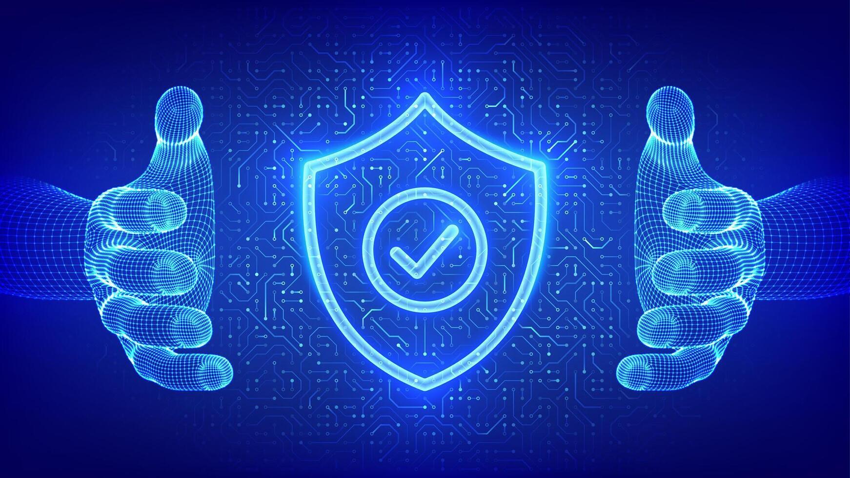 Security shield. Cyber security. Protection shield with Check mark icon in wireframe hands. Cyber data protection. Information privacy idea. Circuit board pattern. PCB printed circuit texture. vector