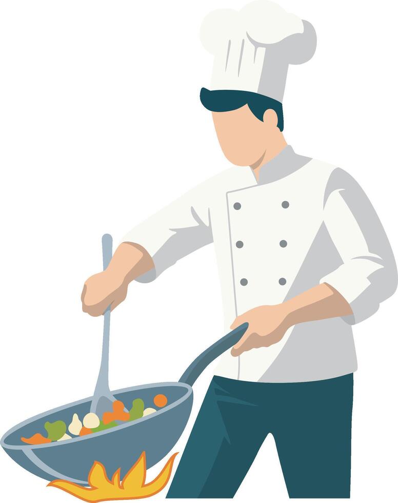 Chinese Male Chef Cooking in Wok Illustration. vector