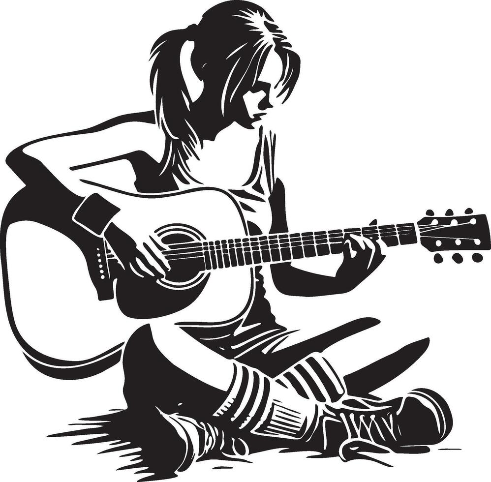 A Young Woman Play Guitar Illustration. vector