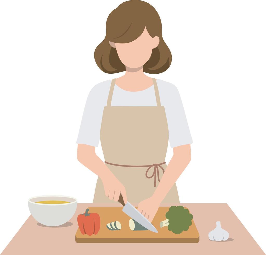 Woman Cooking at Home. Cutting Vegetables on a Cutting Board. vector