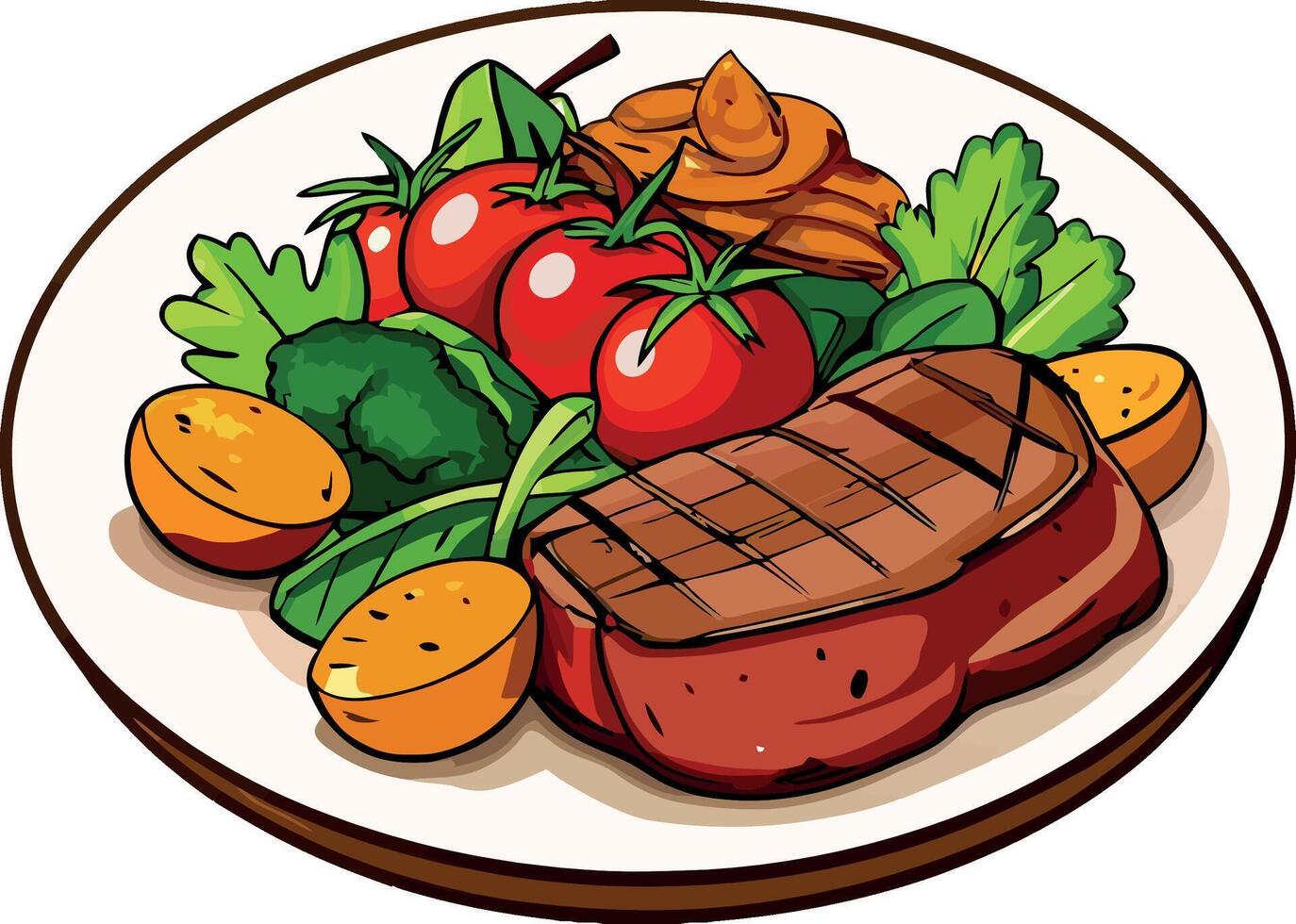 Grilled steak with vegetables, potatoes, and sauce on white plate vector