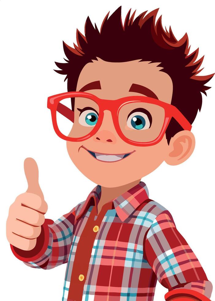 Smiling boy with red glasses showing thumbs up sign vector