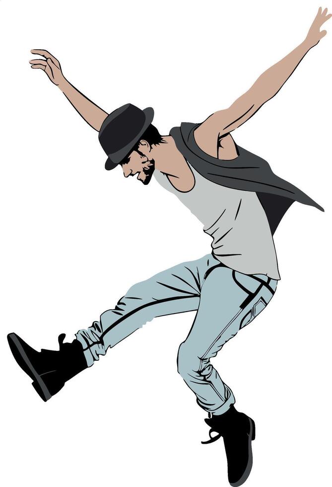 Energetic male dancer performing a dynamic jump with outstretched arms vector