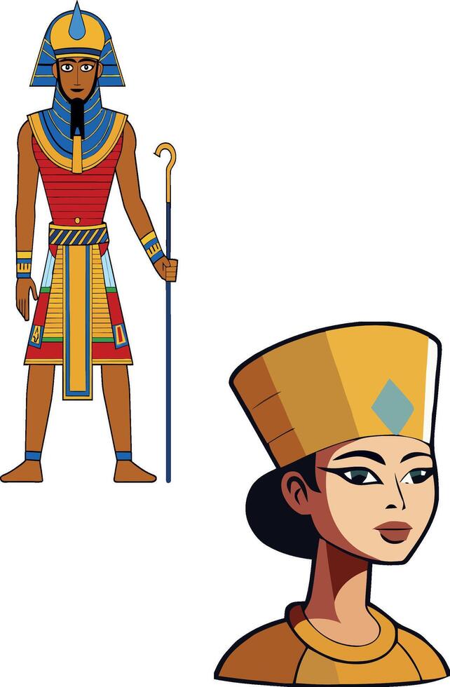 Egyptian pharaoh and queen posing with traditional attire and crook vector