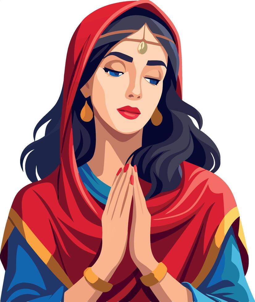 A woman in a red shawl is praying vector