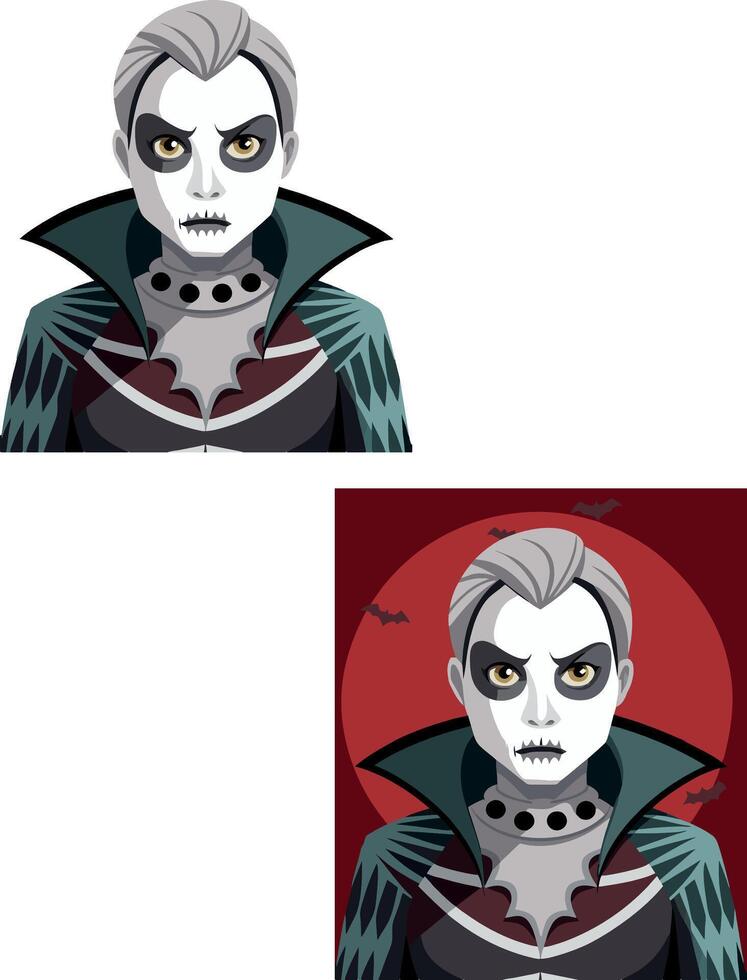 Vampire woman wearing halloween costume posing with bats and red moon background vector