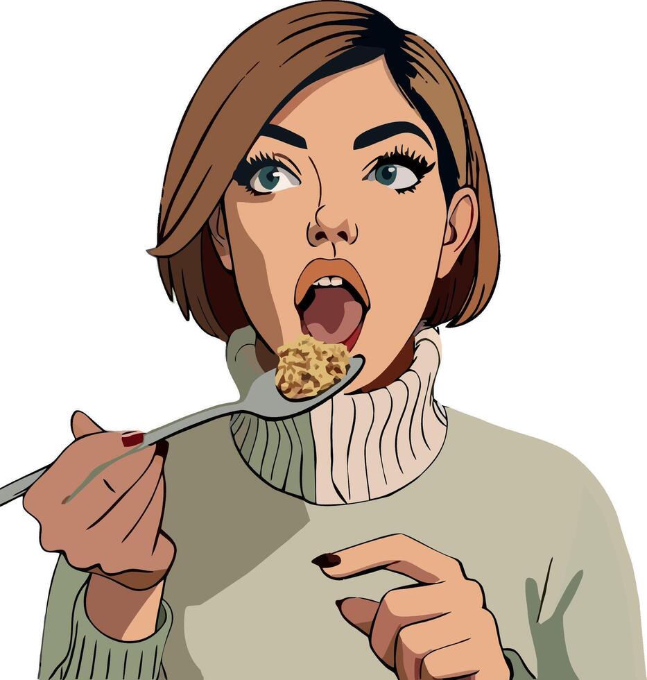 Woman enjoying a spoonful of oatmeal, pop art illustration vector