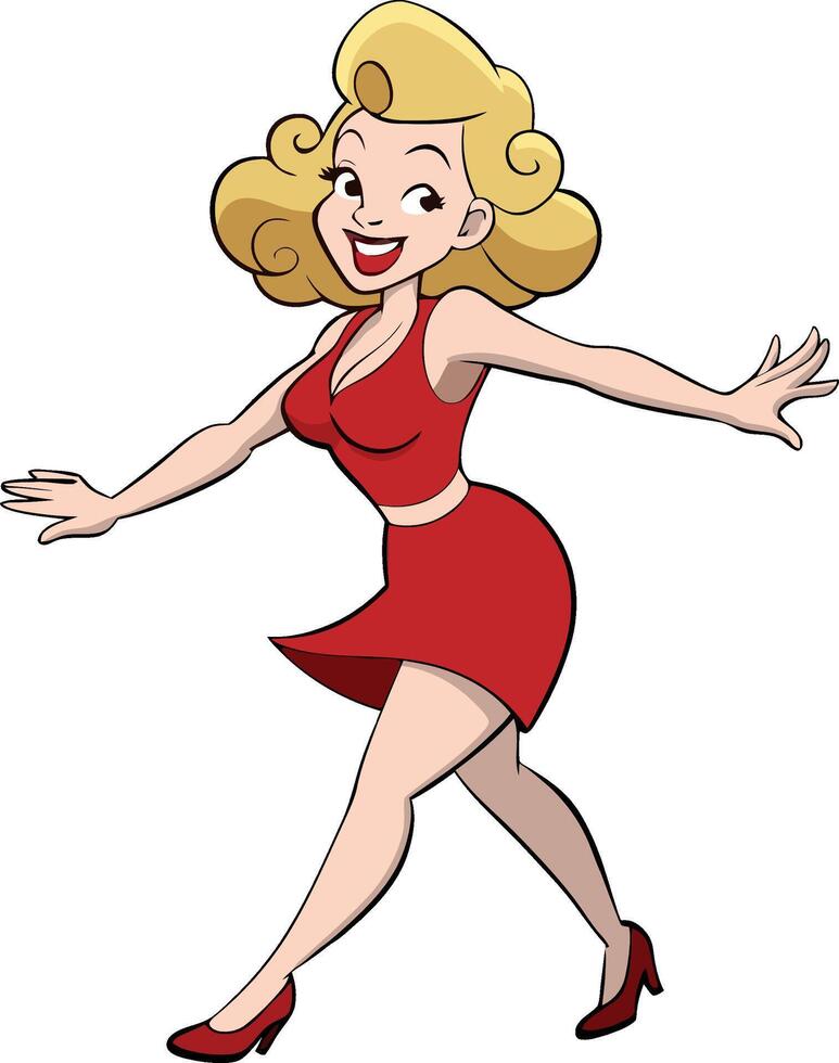 Smiling blonde woman walking wearing red dress and high heels vector