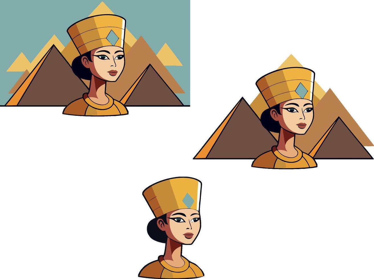 Egyptian queen wearing gold crown and pyramids in background vector