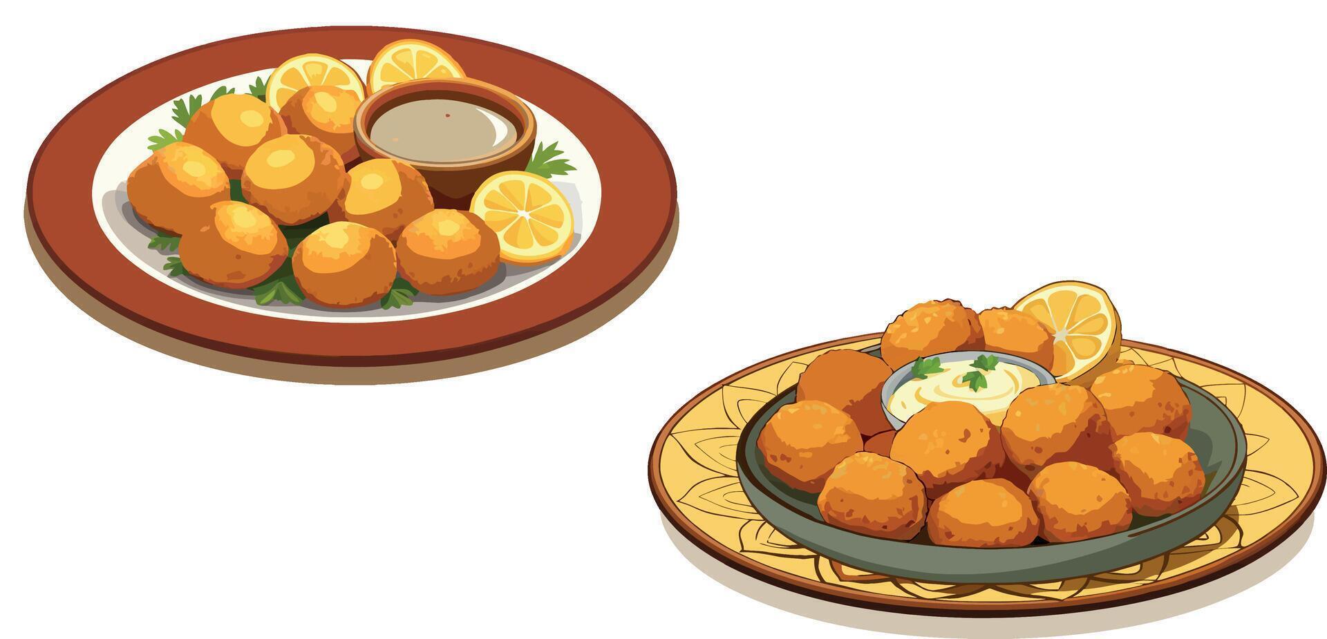 Delicious falafel balls served on plates with dipping sauces and lemon wedges vector
