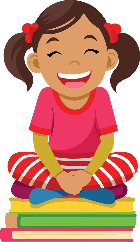 Happy elementary school student girl sitting cross legged on stack of books vector