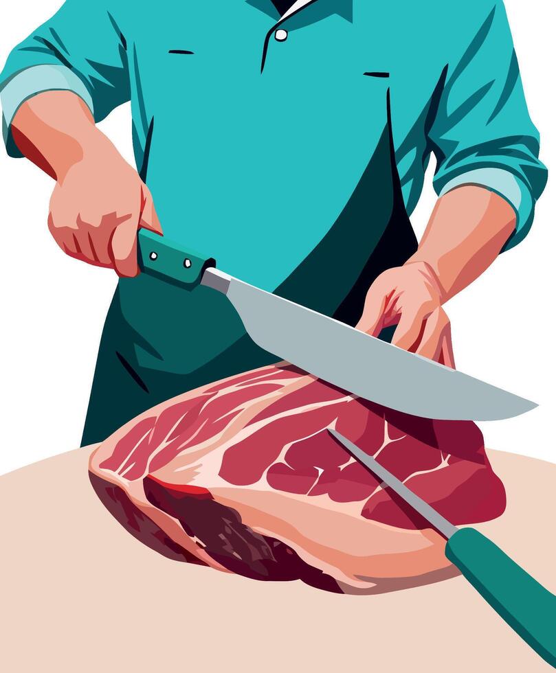Butcher cutting red meat with big knife vector